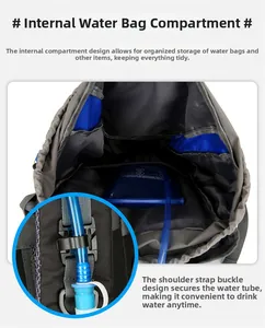 Detail of hiking backpack showing internal hydration compartment and shoulder tube clip