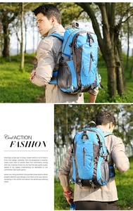 Detail view of ergonomic straps and blue nylon fabric on a hiking backpack