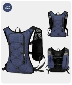 Detail view of navy blue lightweight running vest with breathable mesh and ripstop fabric
