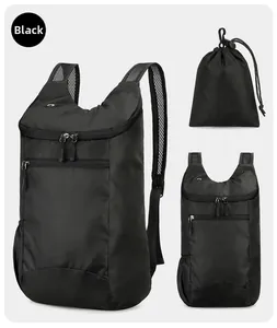Foldable water-resistant nylon backpack set with drawstring storage bag and mesh straps