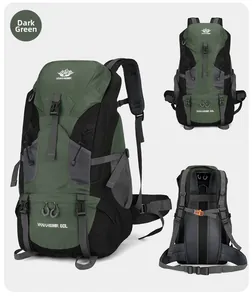 Detail view of 60L dark green hiking backpack featuring multi-angle views and padding