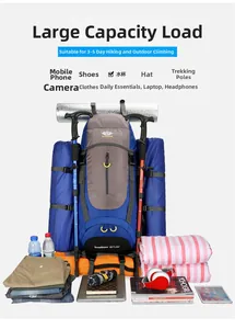 65+5L waterproof hiking backpack shown with multiple outdoor gear and accessories