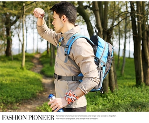 Outdoor hiking backpack with breathable straps and chest support in forest setting