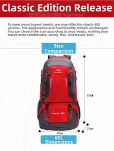 Detailed size chart showing dimensions for the 60L outdoor hiking backpack in red and grey