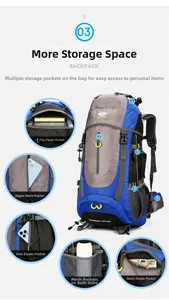 Detail view of 65+5L hiking backpack featuring five external storage pockets and strap system