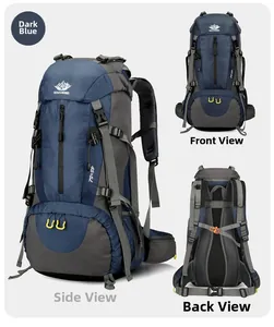 Detailed views of the 50L hiking backpack showing front side and breathable back system
