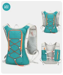 Detail of lake blue cycling backpack showing breathable mesh and bungee cord system