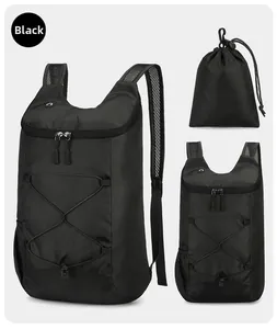 Lightweight black foldable sports backpack with mesh straps and matching storage pouch