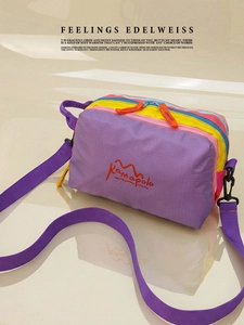 Detailed view of water-resistant nylon shoulder bag with vibrant color-block stitching