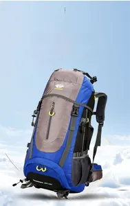 Close-up of 65+5L hiking backpack featuring high-density nylon and blue-gray color splicing