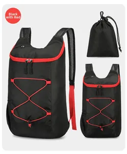 Foldable black and red waterproof hiking backpack with drawstring storage bag set