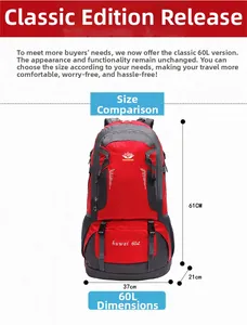 Detailed view of red and grey 60L hiking backpack with dimensions: 61cm height and 37cm width