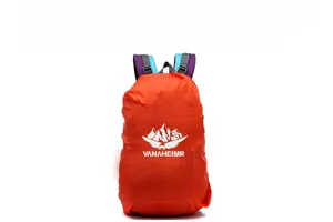 Detail of water-resistant 40L backpack rain cover with Vanaheimr logo and mountain graphic