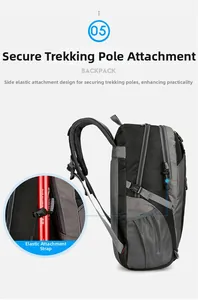 Detail of hiking backpack showing side elastic straps for securing trekking poles securely