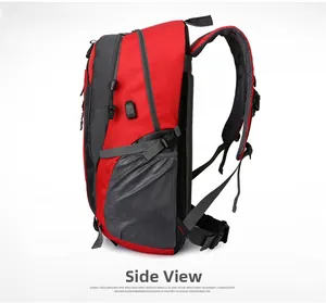 Side view of red travel backpack featuring a USB charging port and breathable mesh pockets