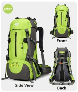 Green 50L hiking backpack detail showing front, back, and side views with gear straps