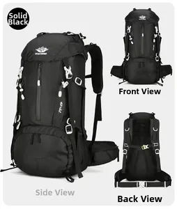 Detailansichten eines 45+5L Wanderrucksacks in Schwarz mit atmungsaktivem Netzrückensystem
