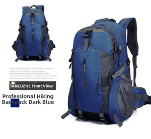 Macro detail of breathable fiber frame and mesh ventilation on the navy blue hiking backpack