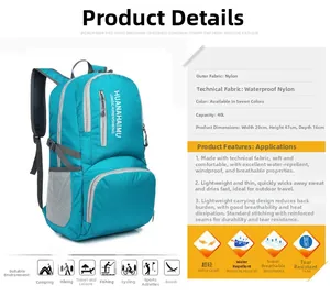 Detail view of 40L foldable blue hiking backpack with 29x47x16CM size specs