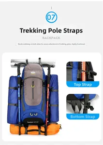 Detail view of 65+5L hiking backpack featuring trekking pole attachment system and straps