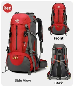 Three-angle view of 45+5L red nylon outdoor hiking backpack showing front and back design