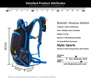 Detailed spec chart for waterproof 210D nylon cycling backpack with size measurements