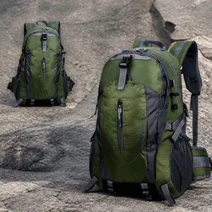 Front and side view of Army Green hiking backpack with ergonomic S-straps and buckles