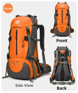 Macro detail of a 45+5L orange hiking backpack showing breathable back mesh and waist straps
