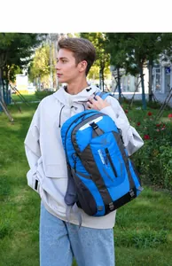Outdoor hiking backpack in blue and gray featuring multiple functional pockets and side mesh