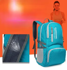 Detail of waterproof lake blue folding backpack showing breathable mesh and nylon fabric texture
