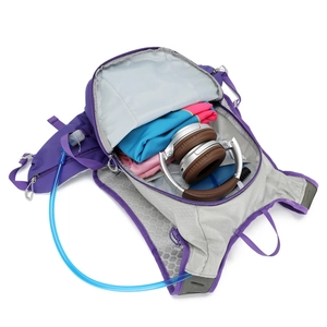 Purple outdoor hydration backpack with water tube and breathable mesh back panel