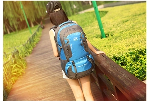 60L large capacity outdoor hiking backpack in blue and gray with ergonomic back support