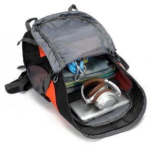 Large capacity outdoor hiking backpack with orange accents and padded laptop compartment