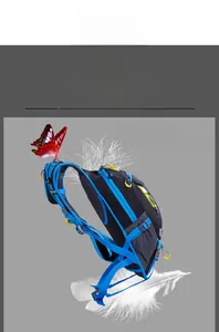 Lightweight cycling backpack with blue and black paneling floating on a soft feather