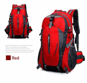 Detail view of red hiking backpack with ergonomic mesh back and breathable fiber frame