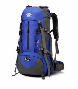 Side view of 45+5L blue hiking backpack with breathable mesh back and durable buckles