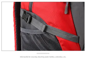 Detail of durable side buckle and mesh pocket for outdoor travel backpack storage