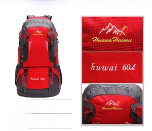 Detail view of 60L outdoor hiking backpack with external hanging system and embroidery