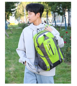 Detail view of water-resistant outdoor hiking backpack in bright green and gray