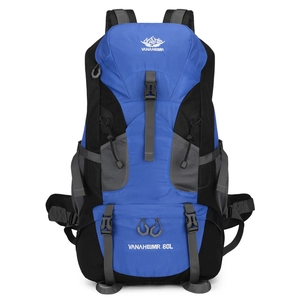60L large capacity outdoor hiking backpack in blue and black for trekking and camping