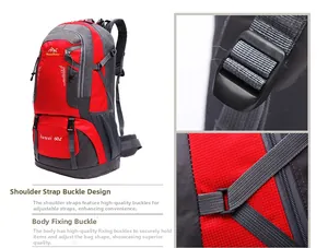 Detail view of 60L hiking backpack showing adjustable shoulder straps and securing buckles