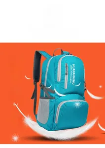 Detail showing ultralight blue foldable backpack with waterproof nylon fabric and feathers
