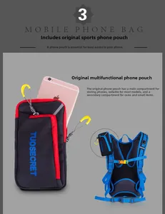 Close-up of hiking backpack phone pouch with double compartments and secure carabiner
