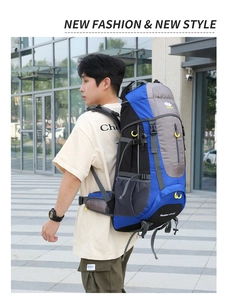 Detail view of 65+5L hiking backpack featuring padded waist belt and side mesh pockets