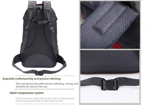Detail view of breathable mesh straps and adjustable waist support on outdoor backpack