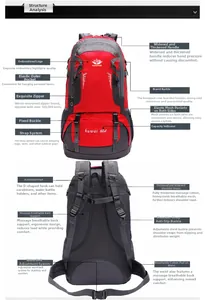 Detail view of 60L hiking backpack showing ergonomic massage straps and breathable back pad
