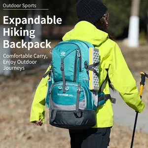 Zaino da trekking 50L verde acqua e grigio con spazio espandibile e attacchi esterni