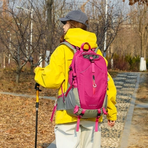 40L outdoor hiking backpack in rose red and grey, featuring a professional carry system