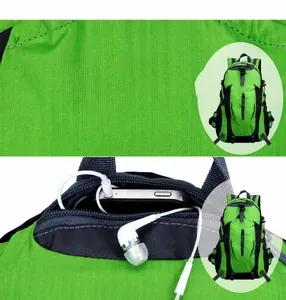 Macro detail of waterproof nylon hiking backpack showing the spacious top pocket storage