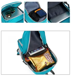 Detail of teal outdoor backpack showing functional compartments for tablets and essentials
